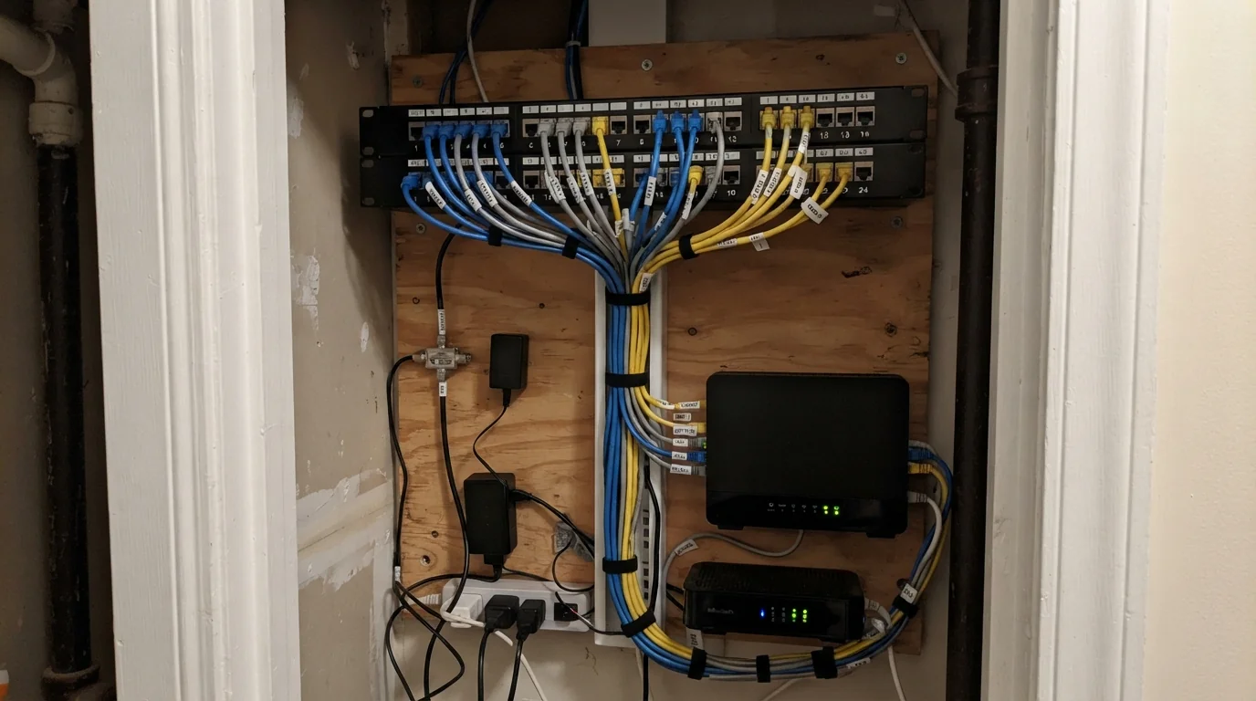 Labeled patch panel and router in a closet