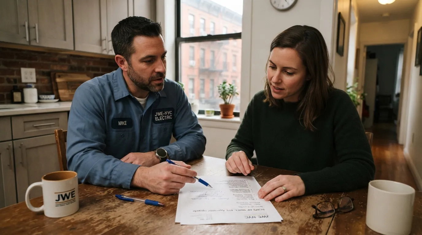 Homeowner reviewing a written electrical scope with an electrician