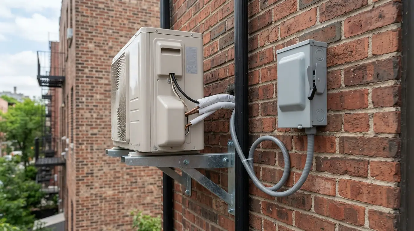 Outdoor condenser with its disconnect and whip