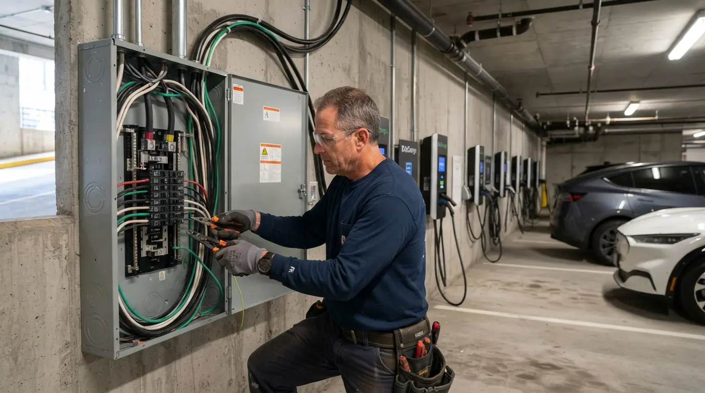 Distribution panel feeding a row of garage EV chargers in New York