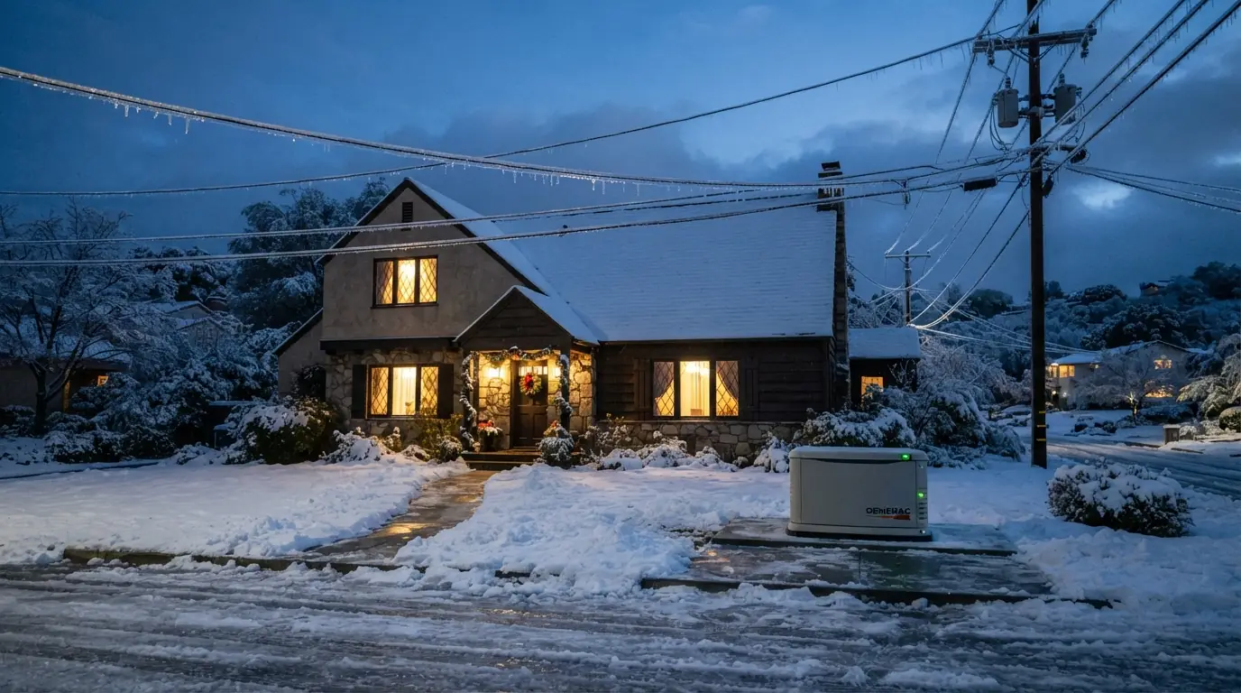 Orange County house in snow with a standby generator on a cleared pad