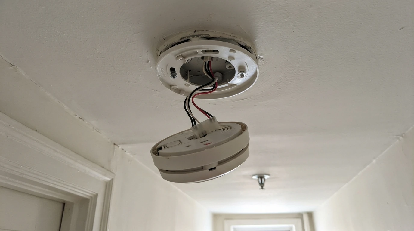 Hardwired smoke alarm connector harness on a ceiling mount
