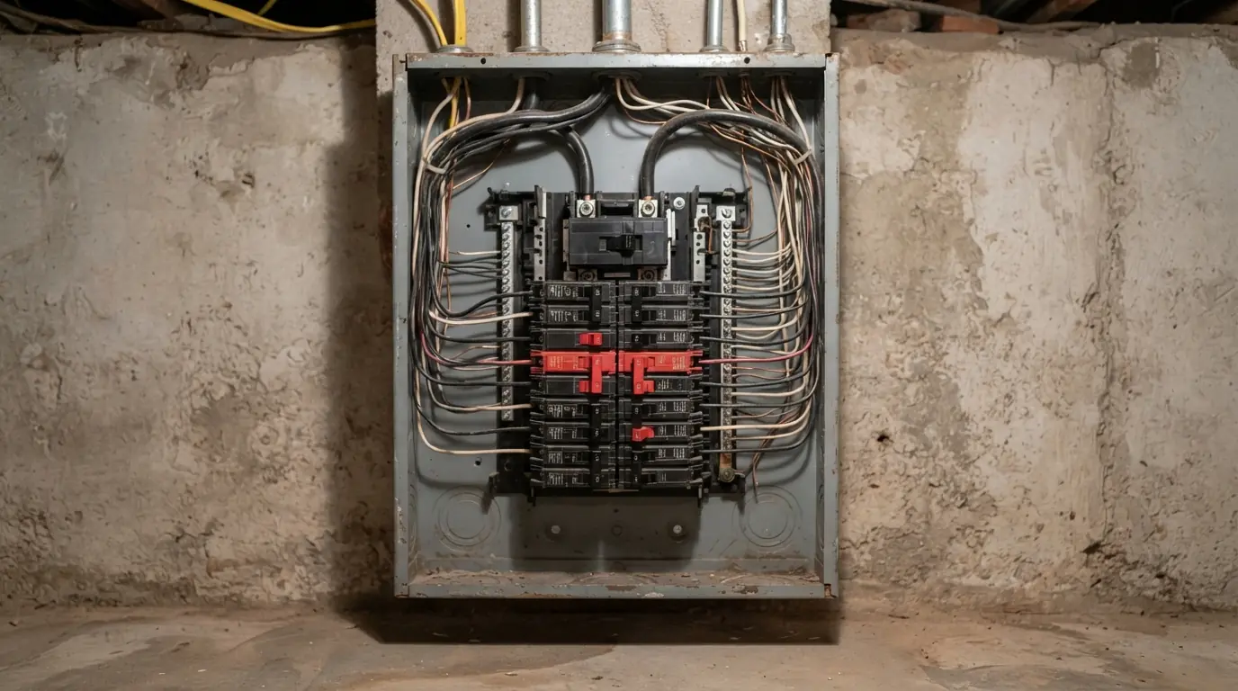 Federal Pacific Stab-Lok panel with the cover removed