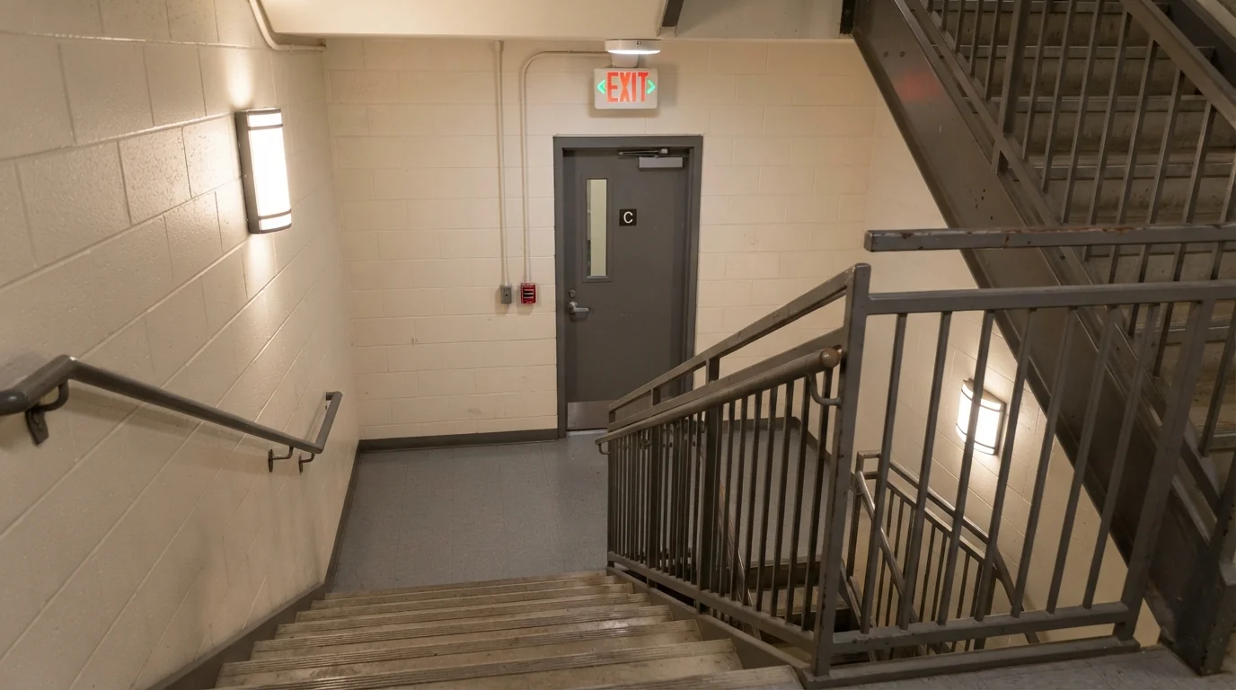 Stairwell lit by new LED fixtures in a New York building