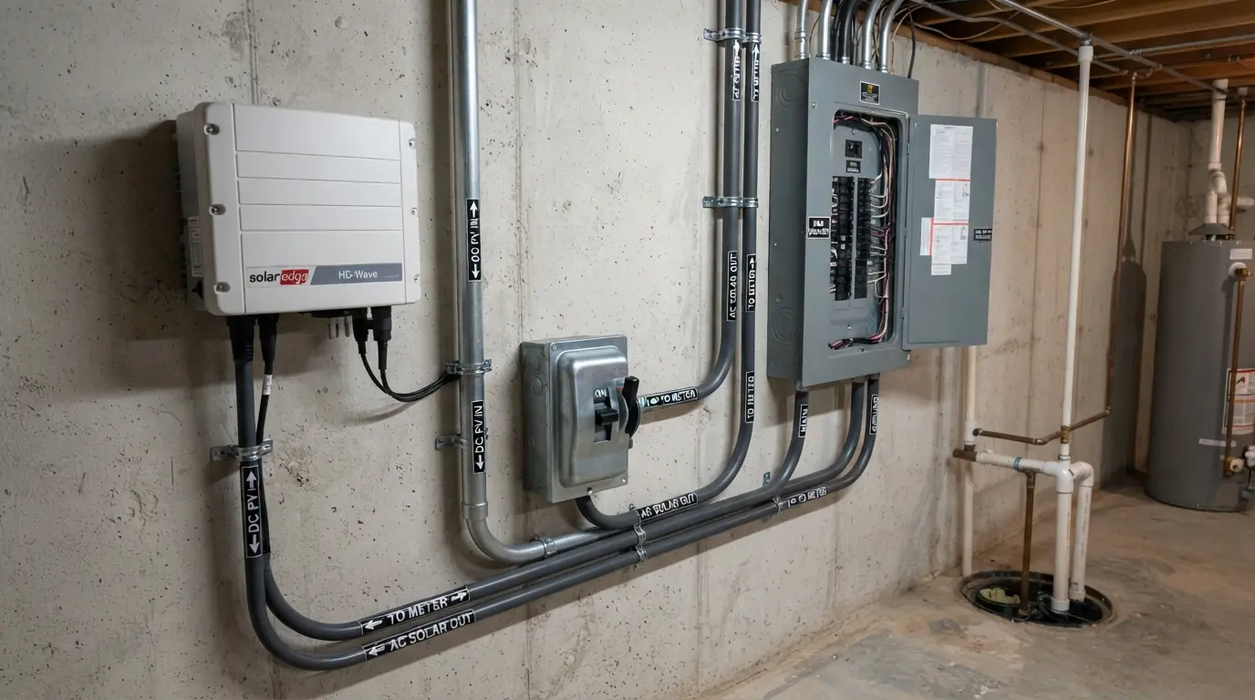 Solar inverter and AC disconnect beside a main panel