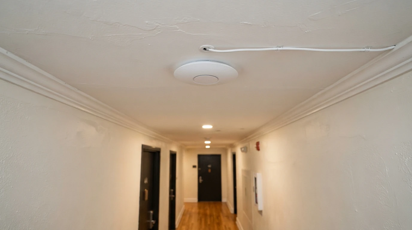 Ceiling Wi-Fi access point fed by a wired Ethernet run