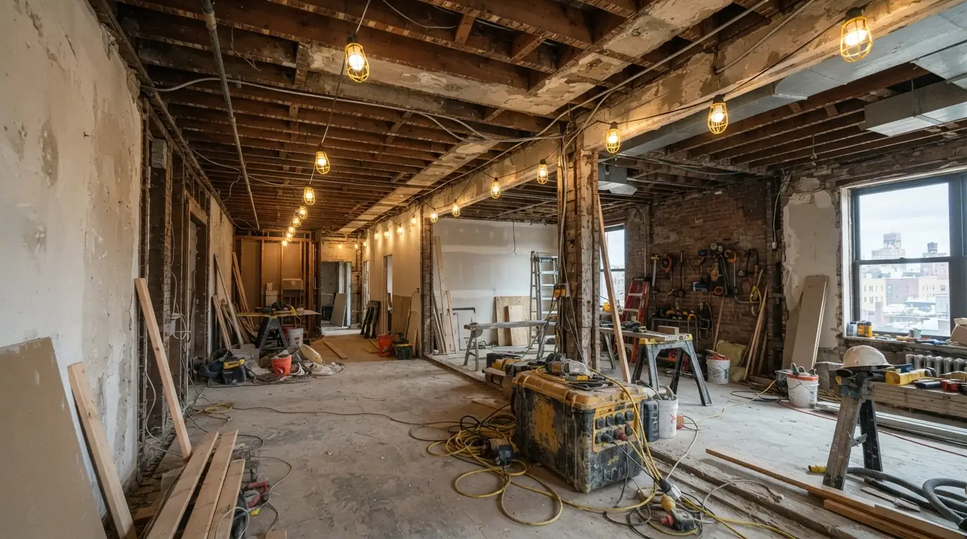 Guarded temporary lighting across a renovation ceiling