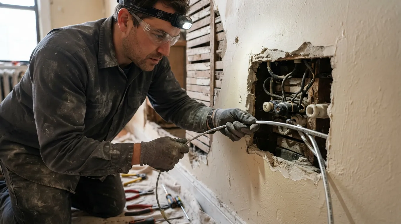 New armored cable being fished through plaster next to old knob and tube