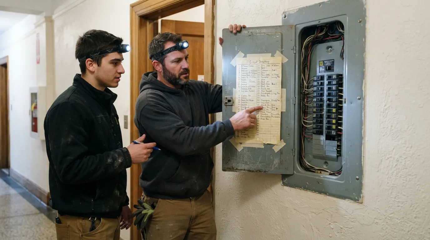 Electricians checking a labeled panel directory in a New York apartment