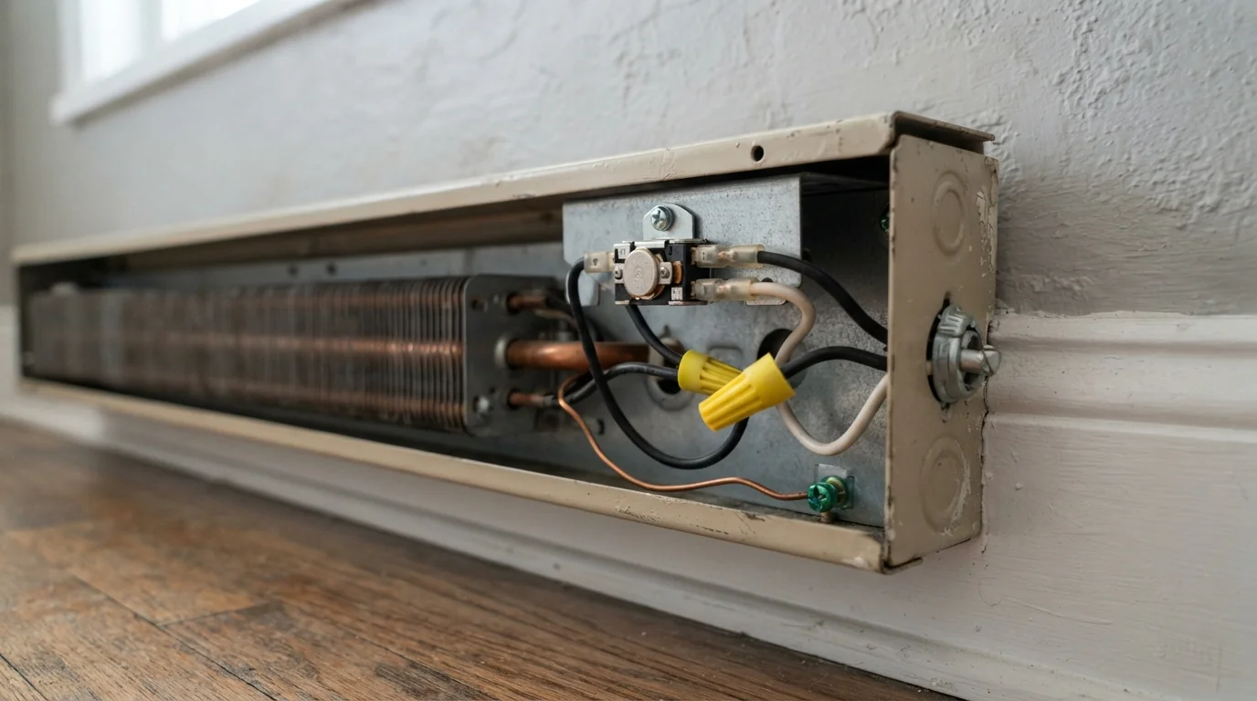 Baseboard heater wiring compartment with the cover removed