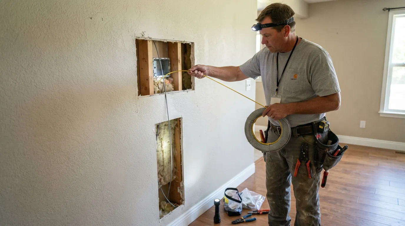 Fishing cable inside the wall for a recessed TV outlet
