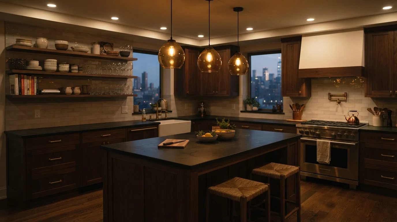 Kitchen recessed lights dimmed in zones in the evening