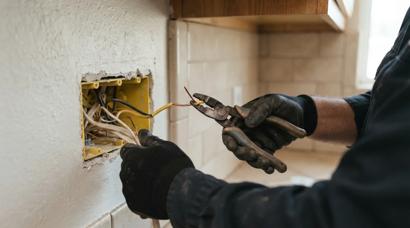 Electrician stripping wire at a kitchen outlet box