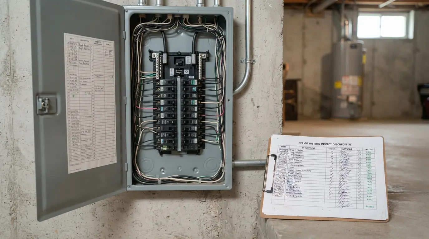 Permit history and inspection checklist beside a labeled panel