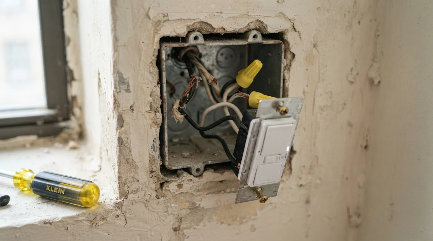 Open switch box with old wires and a new smart dimmer