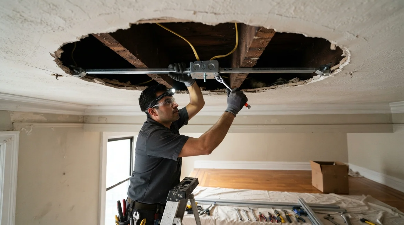 Steel brace installed between joists for a heavy chandelier