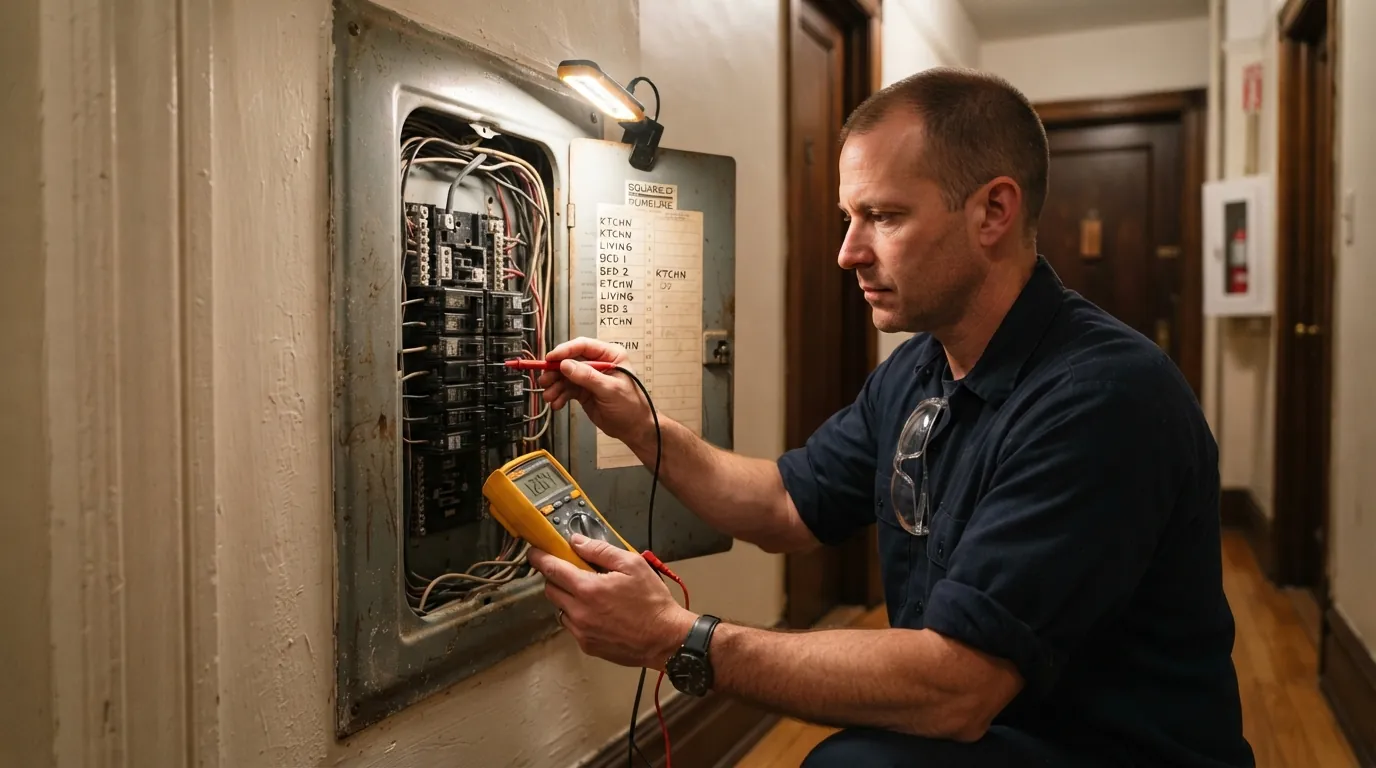 Electrician testing a breaker panel in a prewar Manhattan apartment
