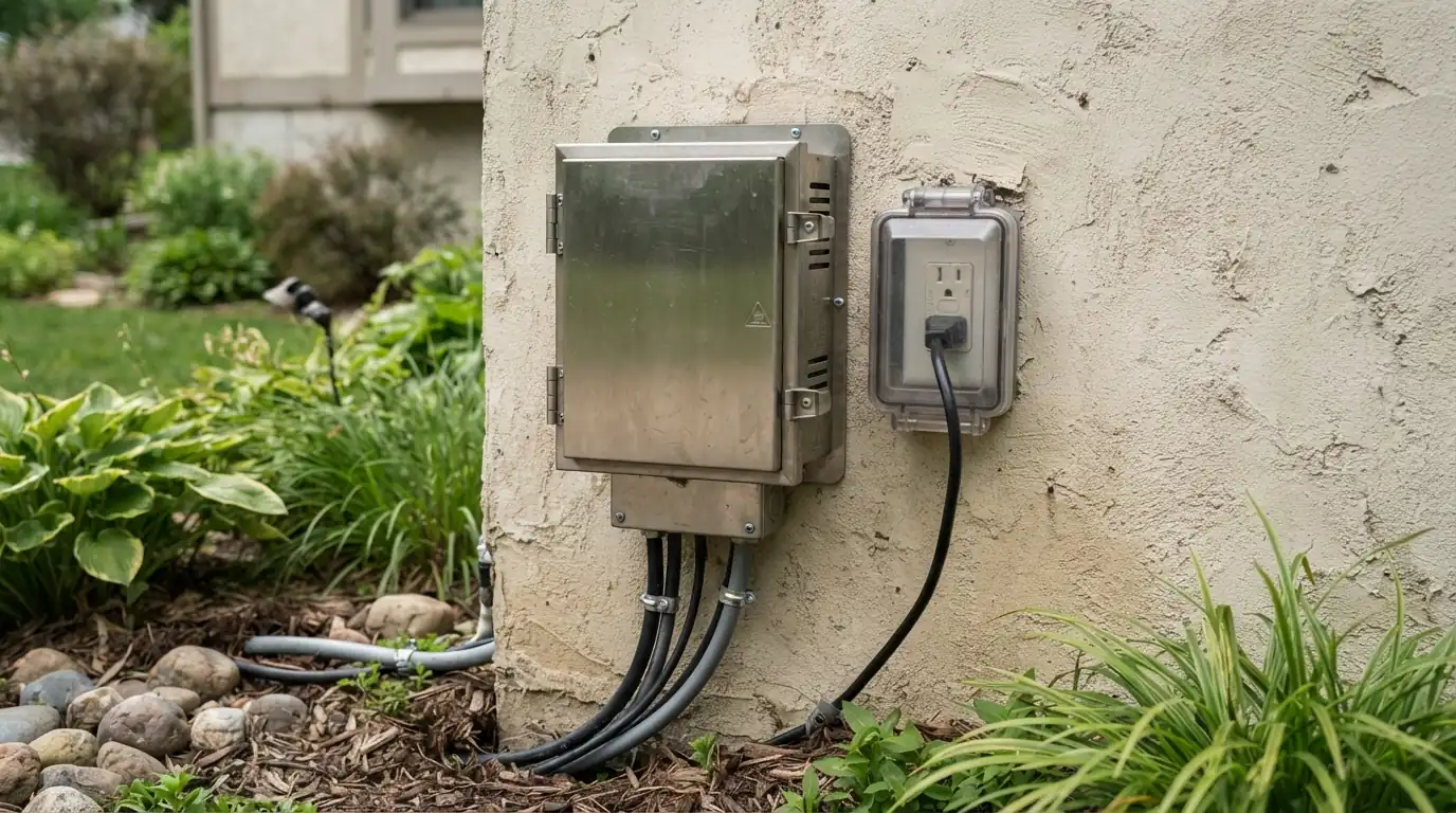Low-voltage transformer beside a covered outdoor outlet