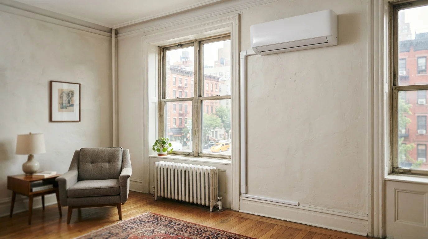 Mini-split indoor unit in a prewar New York living room