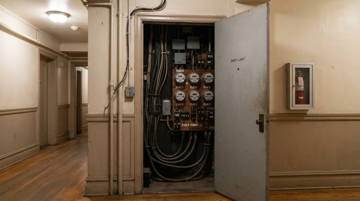 Riser closet with labeled feeders in a New York building