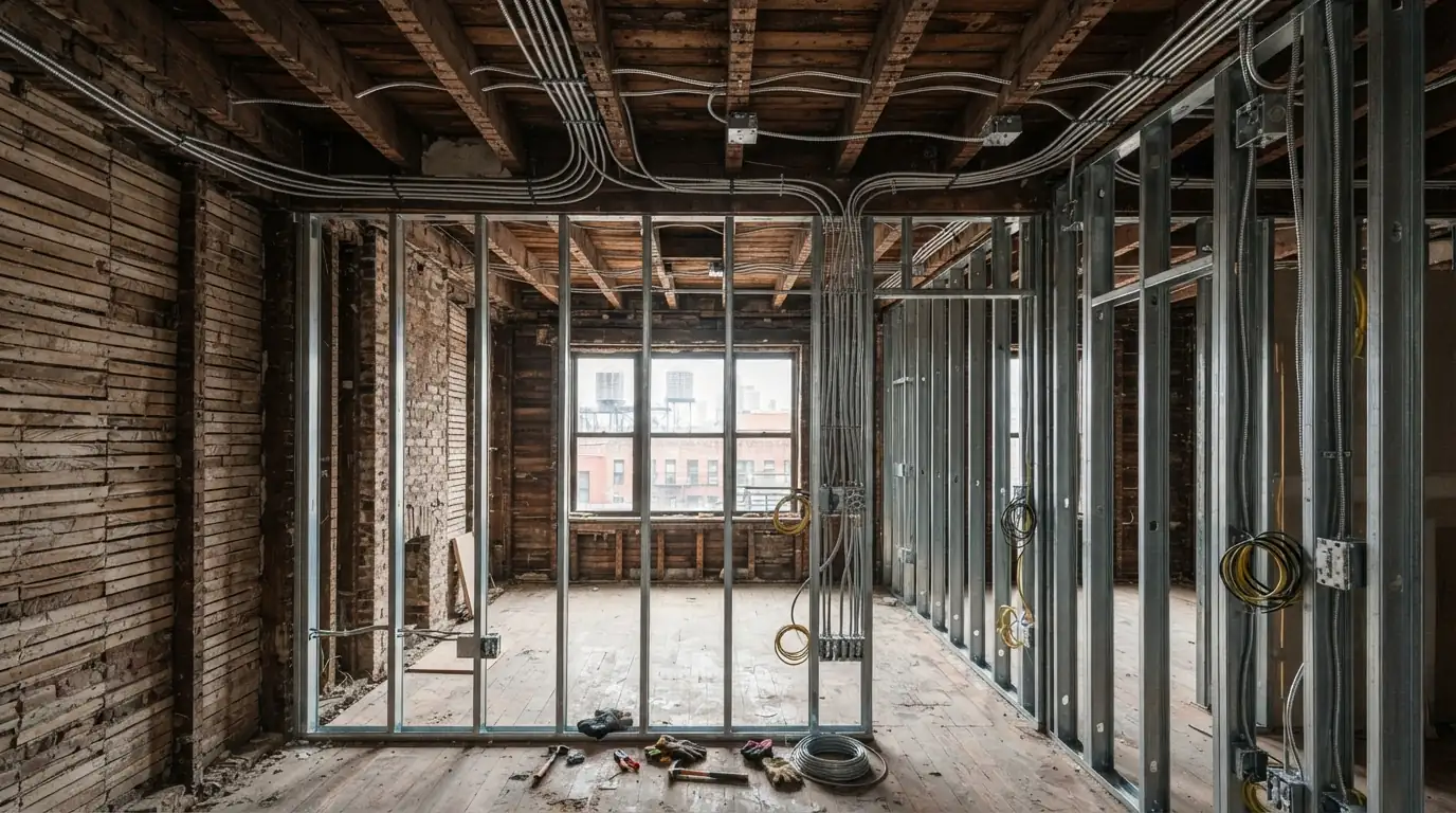 New cable runs across open joists during a full apartment rewire