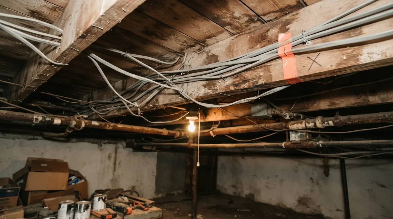 Exposed cable in a basement cited as a violation