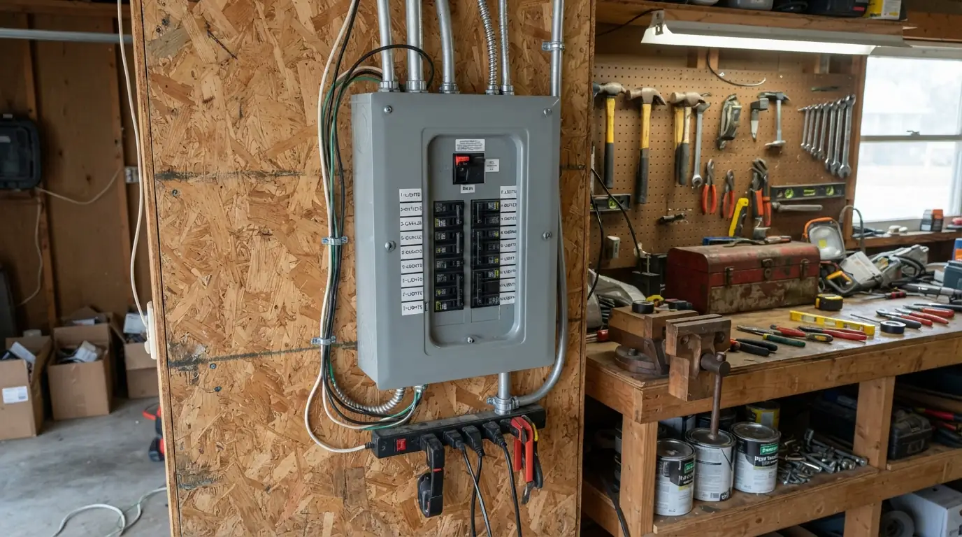 Garage subpanel beside a workbench