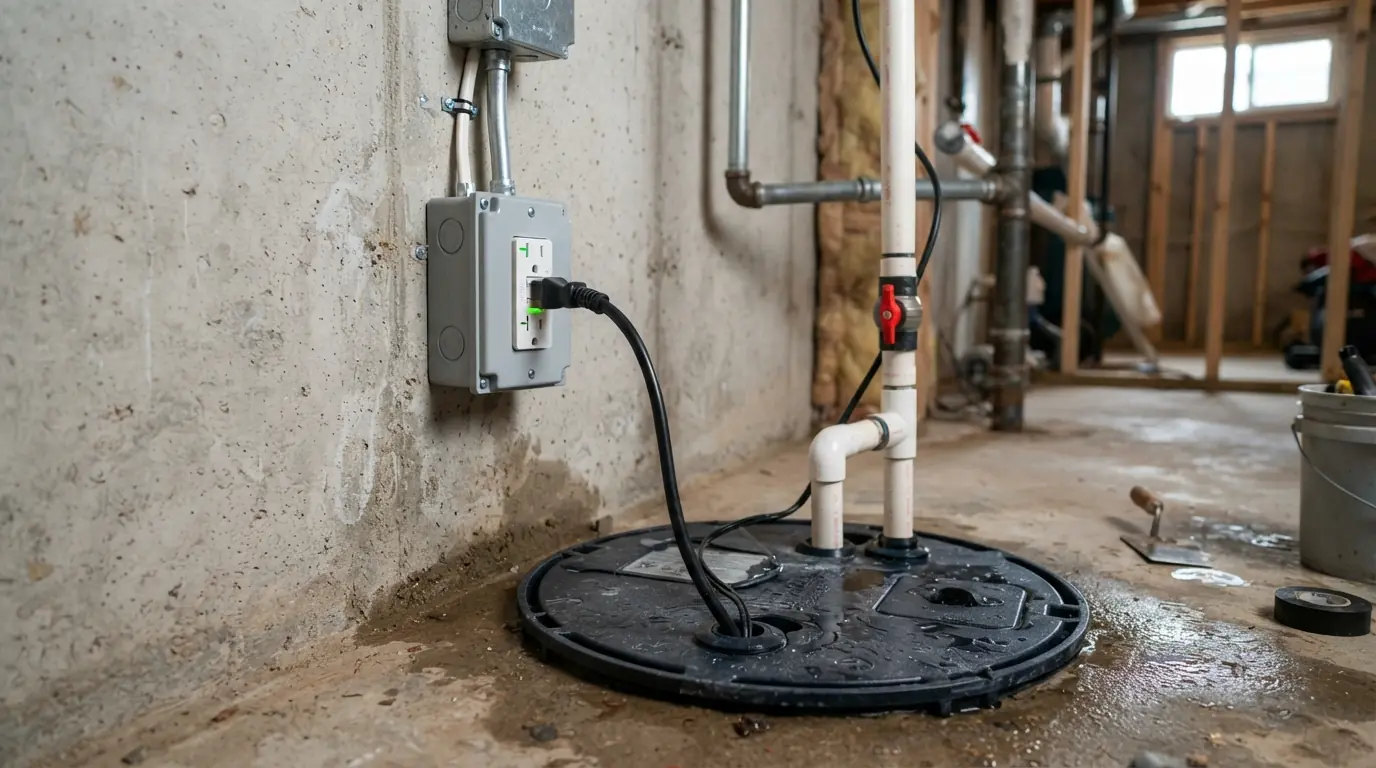 Dedicated sump pump outlet above a basement pit