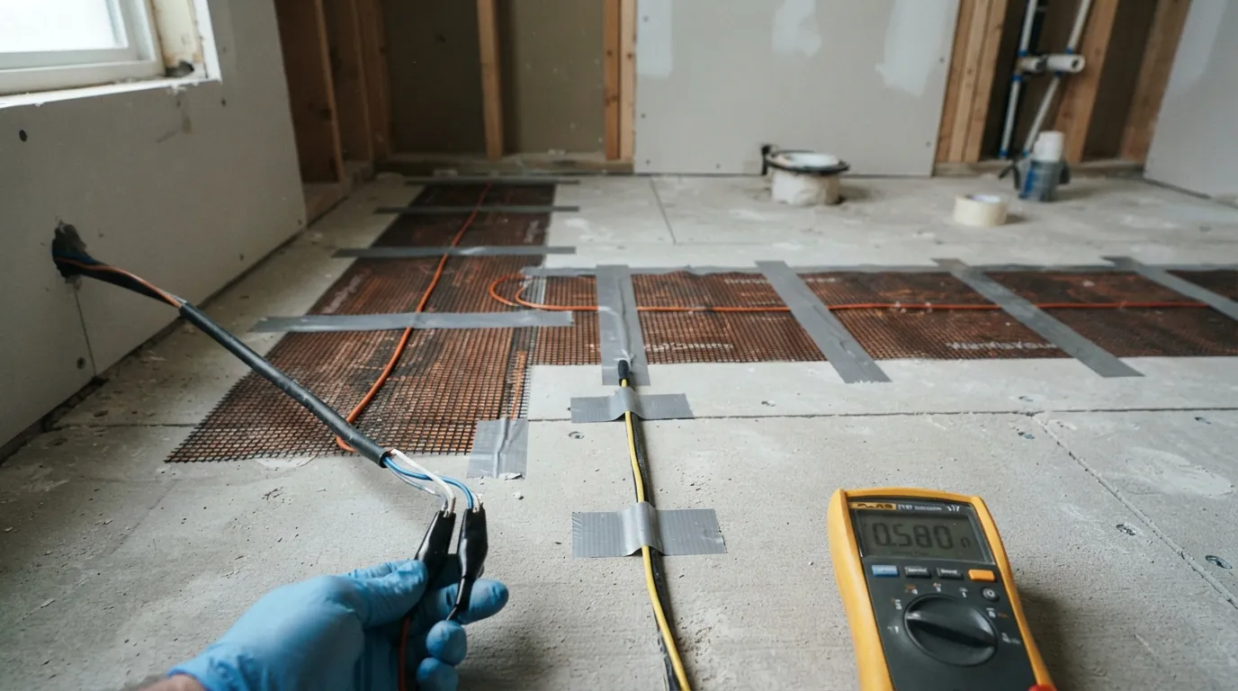 Radiant heating mat being resistance tested on a bathroom subfloor