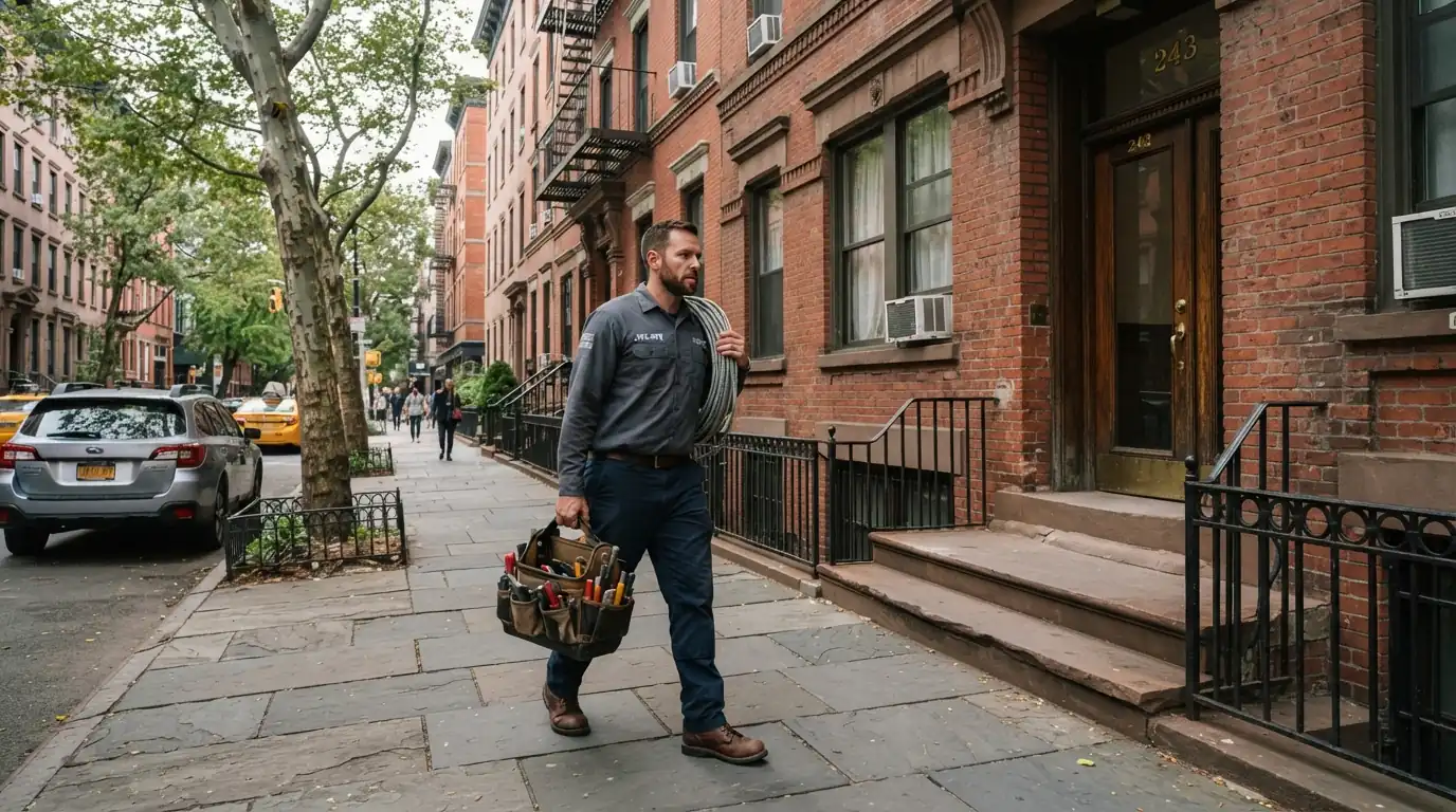 Electrician arriving at a prewar Chelsea walk-up