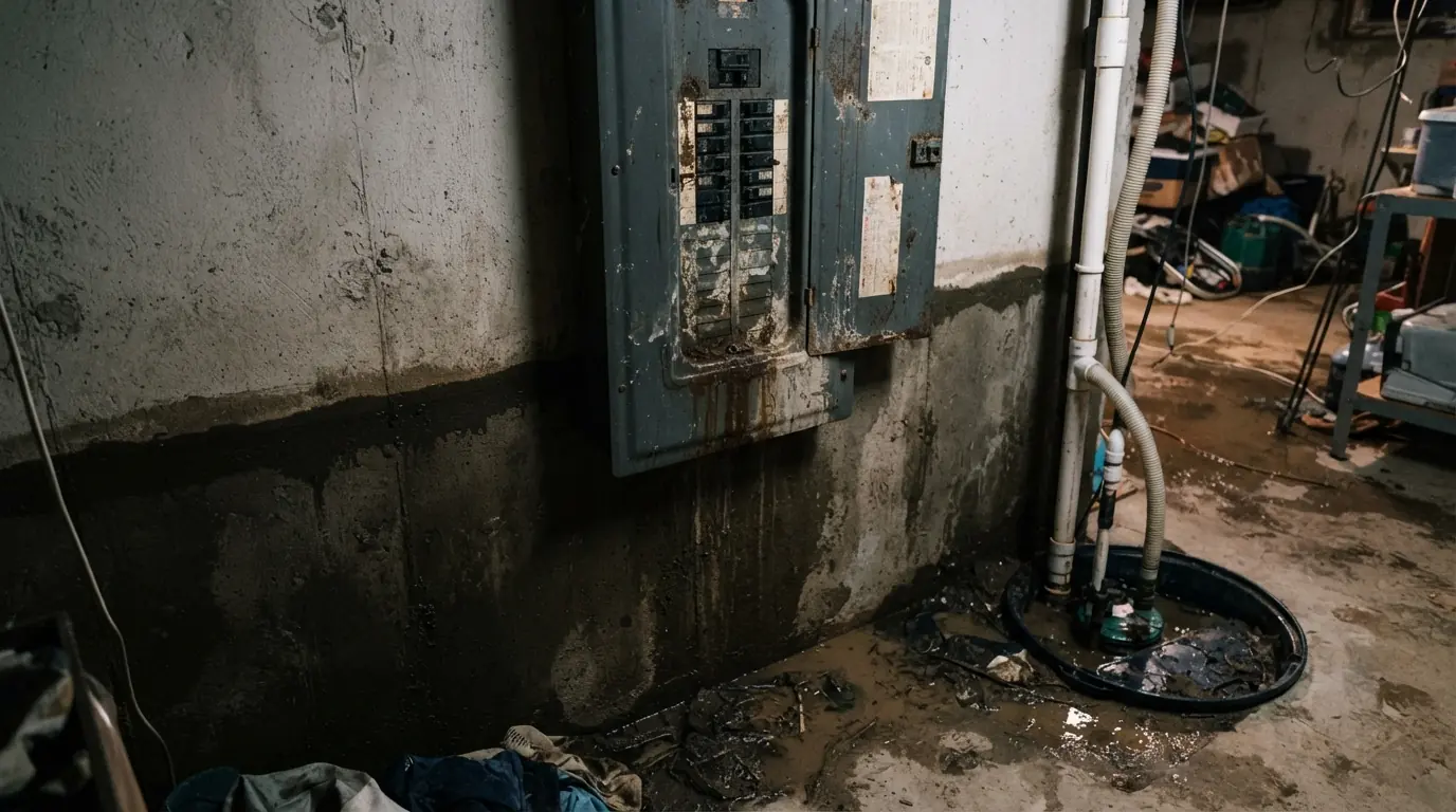 Waterline stain across a basement wall and breaker panel after flooding