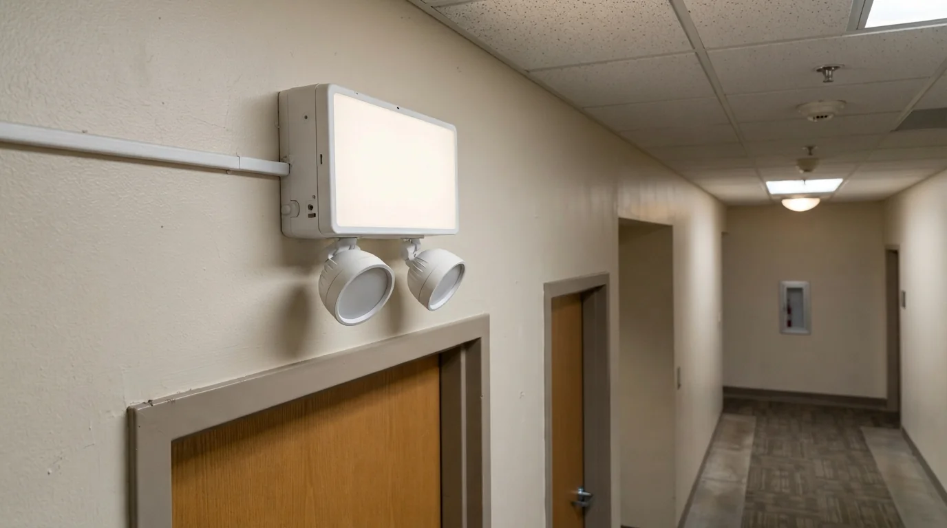Combination exit sign with emergency lamp heads