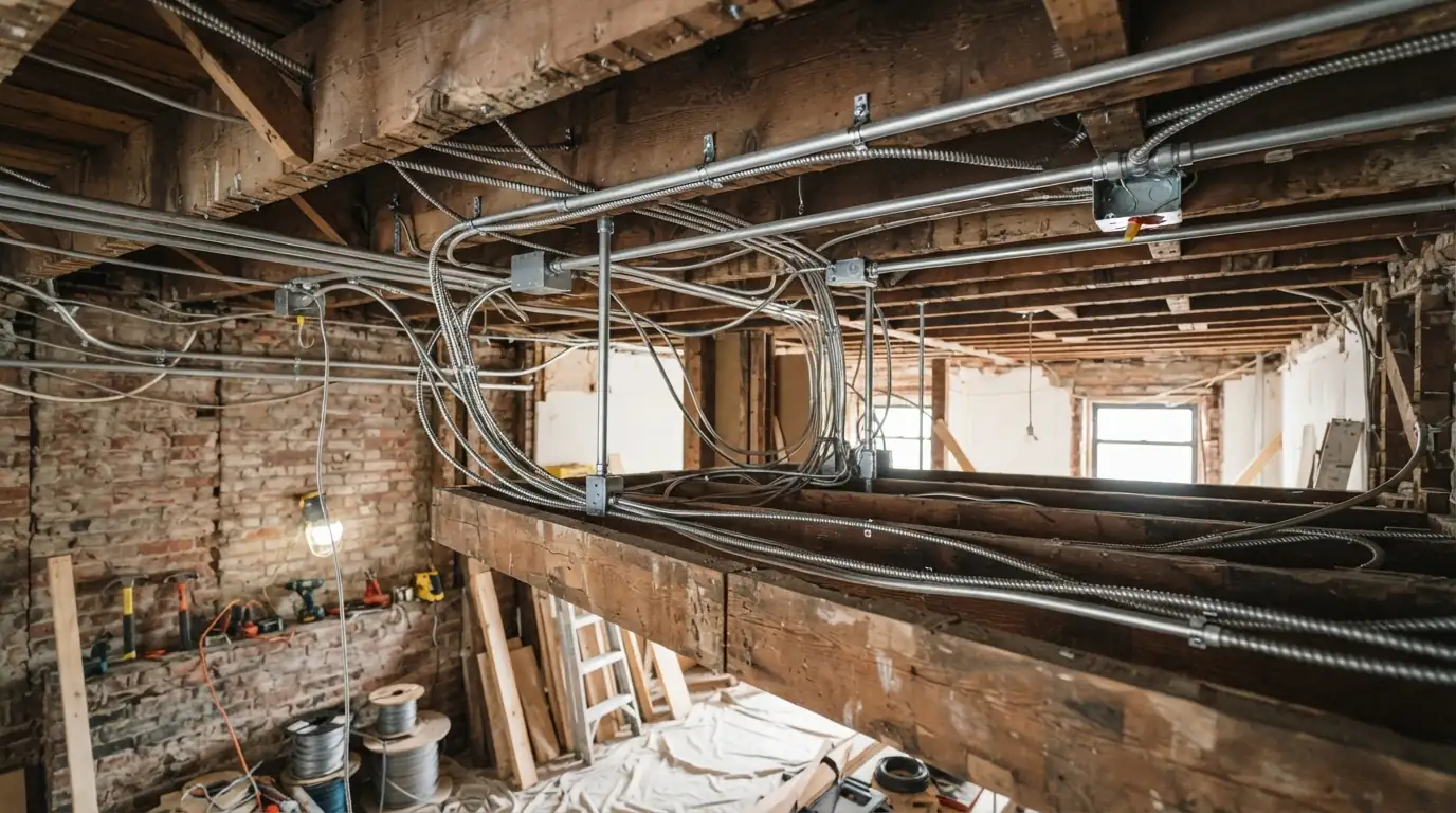 Armored cable and conduit runs across an open ceiling during a New York renovation