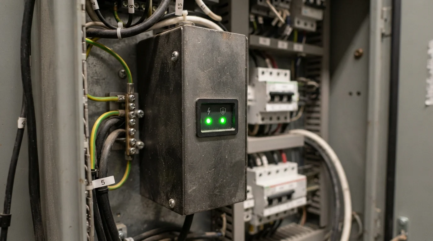 Surge protector status lights showing protection active