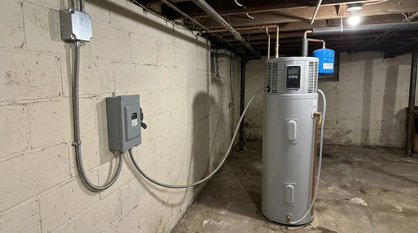 Heat pump water heater with a new disconnect and armored cable