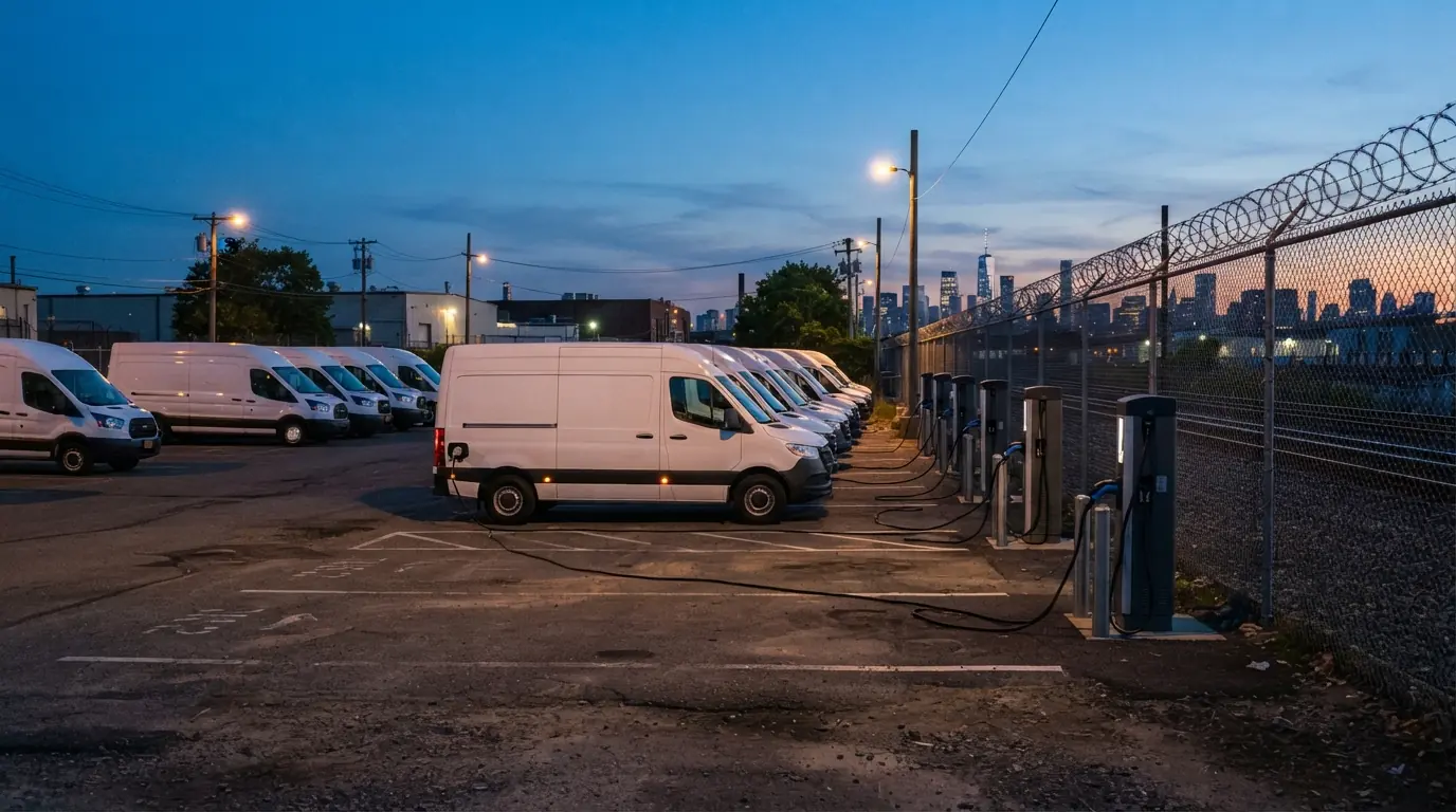Fleet vans charging at pedestal chargers