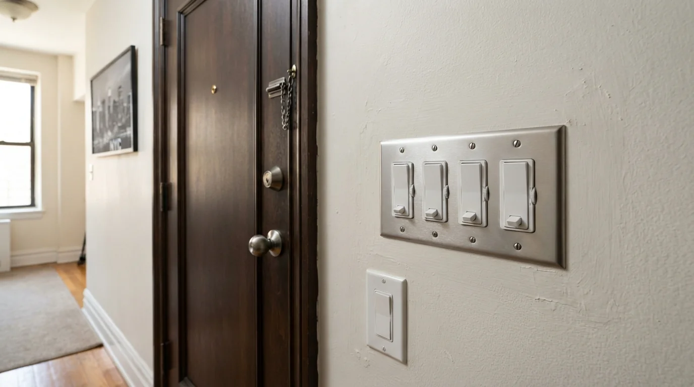 Multi-gang plate of new dimmers and switches beside an entry