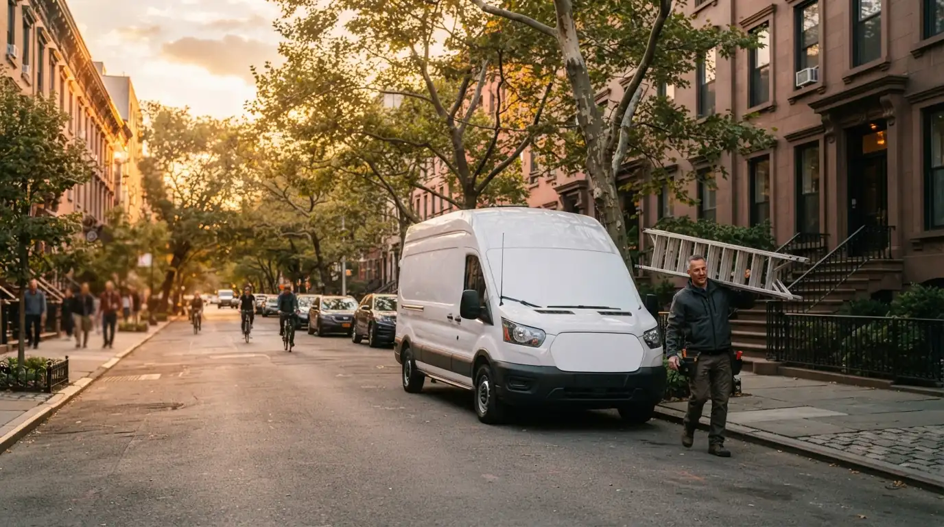 Service van on a Chelsea street in New York at golden hour